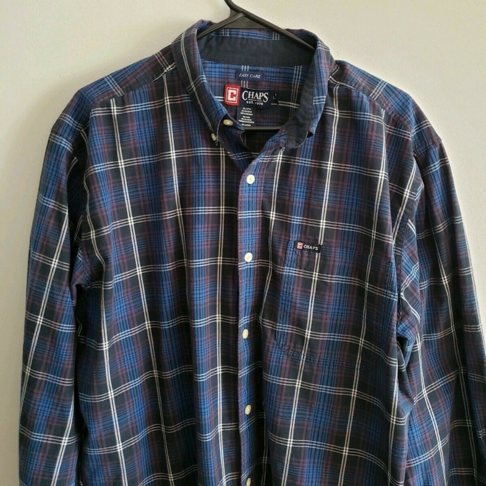 Chaps Mens Blue Plaid Striped Shirt Button Down